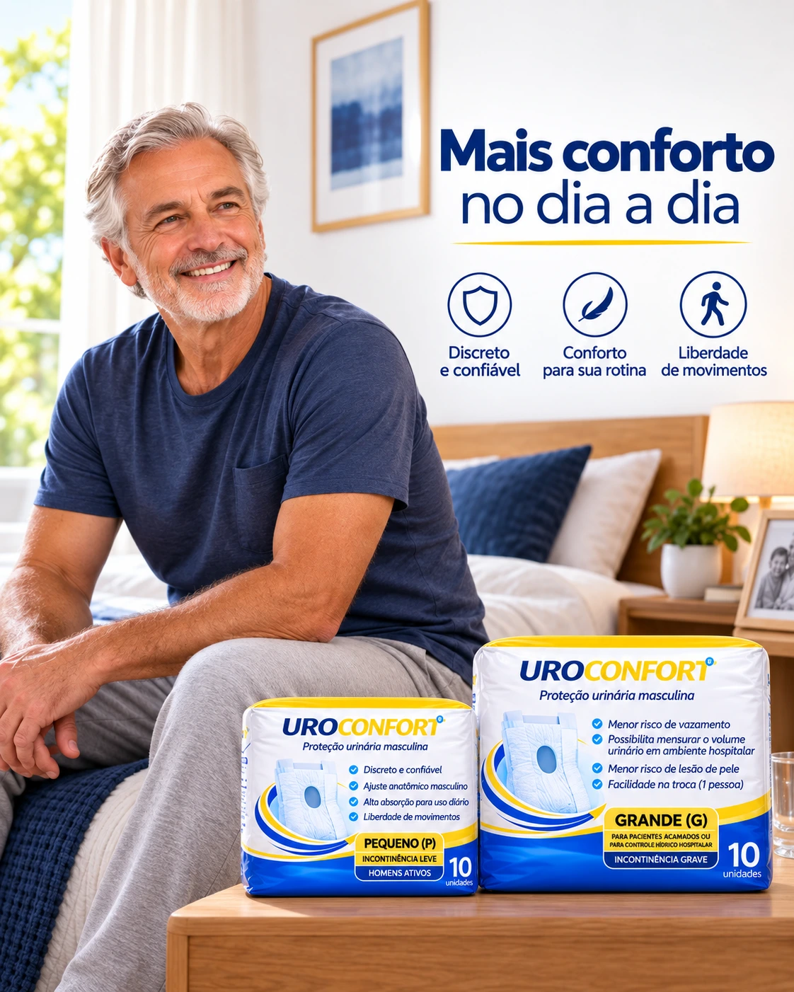 Homem sorrindo ao lado das embalagens Uroconfort